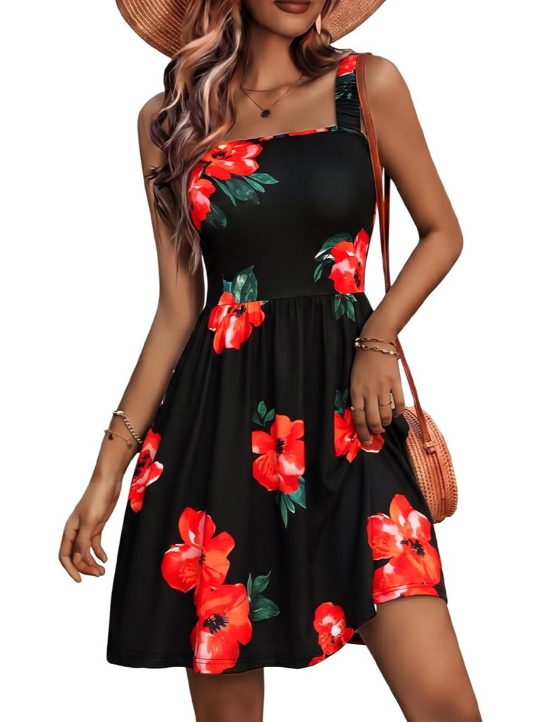 Women's Summer Square Neck Dress With Pocket Sleeveless Flower-95 High Waist